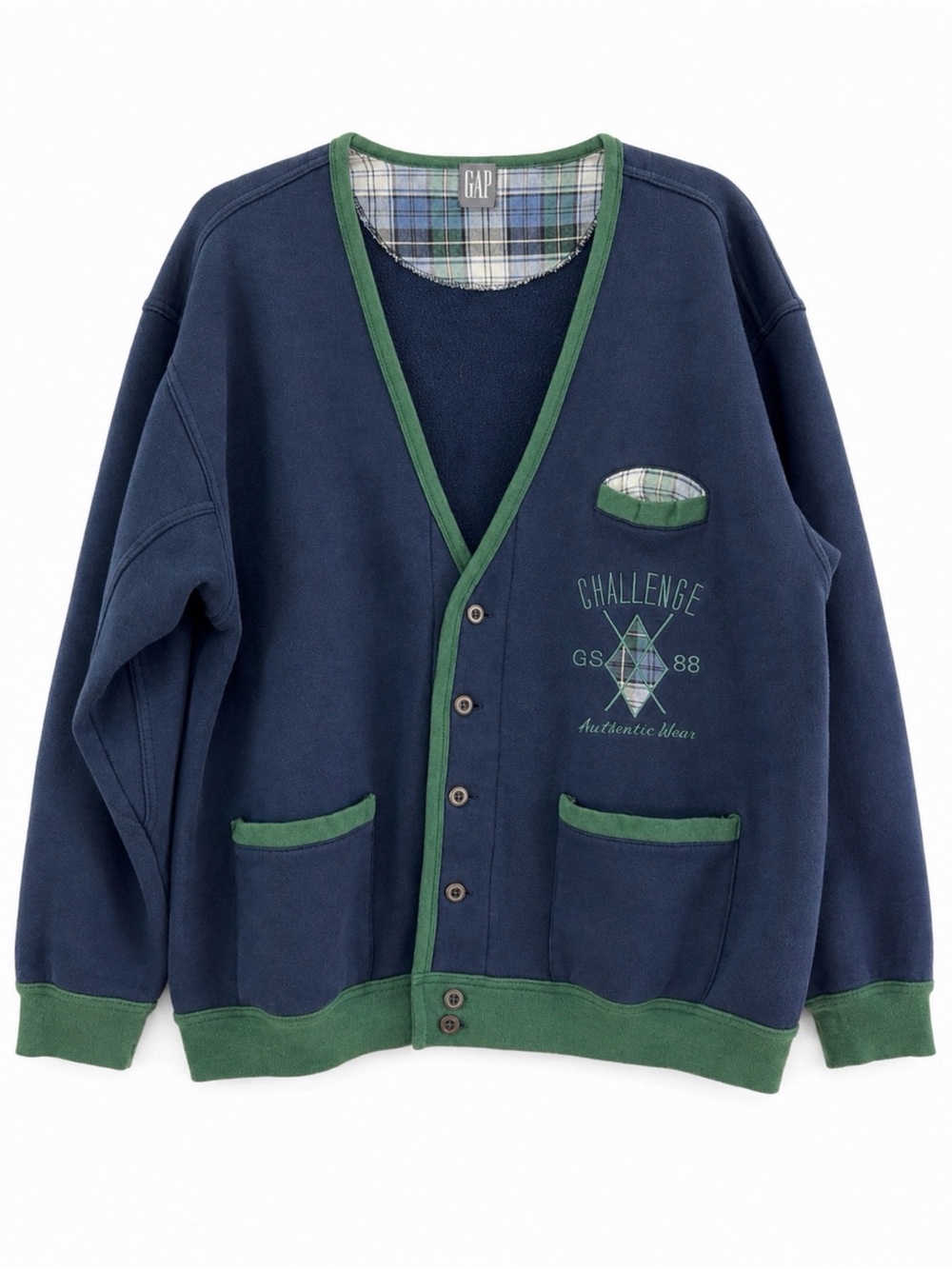 VTG 80s 90s Gap UNISEX Oversized Fleece Cardigan Navy Green Golf Preppy Grandpa